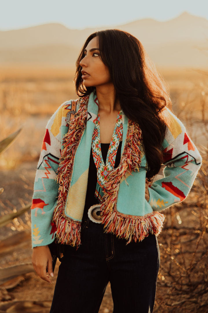 TH22402 TURQ RED AZTEC FRINGE CARDI (7 Piece)