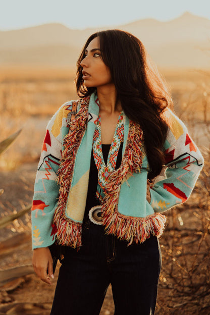TH22402 TURQ RED AZTEC FRINGE CARDI (7 Piece)