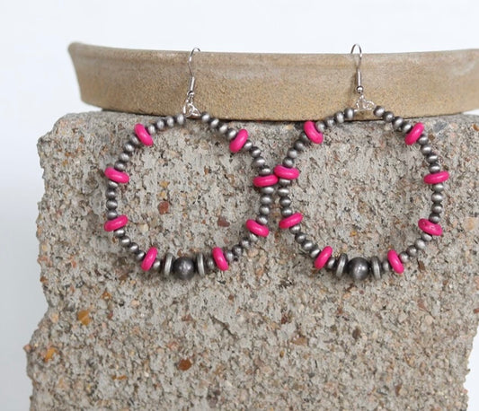 1615 R3-31 FAUX SILVER BEADS W/ HOT PINK CYLINDER STONE HOOP EARRING