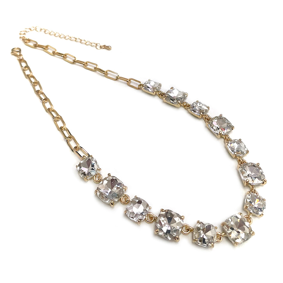 0295 R164 Gold-Tone Cushion-Cut Crystal Necklace with Link Chain