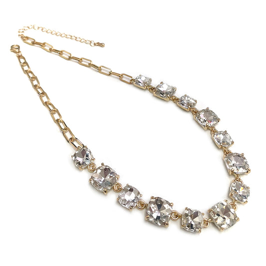 0295 R164 Gold-Tone Cushion-Cut Crystal Necklace with Link Chain