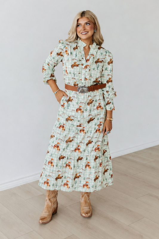TH2411 GREEN GINGHAM BUCKING HORSE DRESS