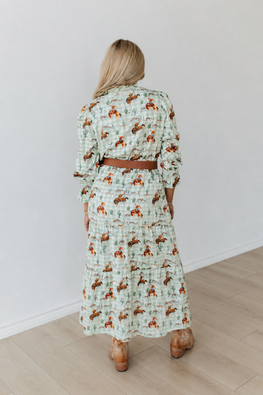 TH2411 GREEN GINGHAM BUCKING HORSE DRESS