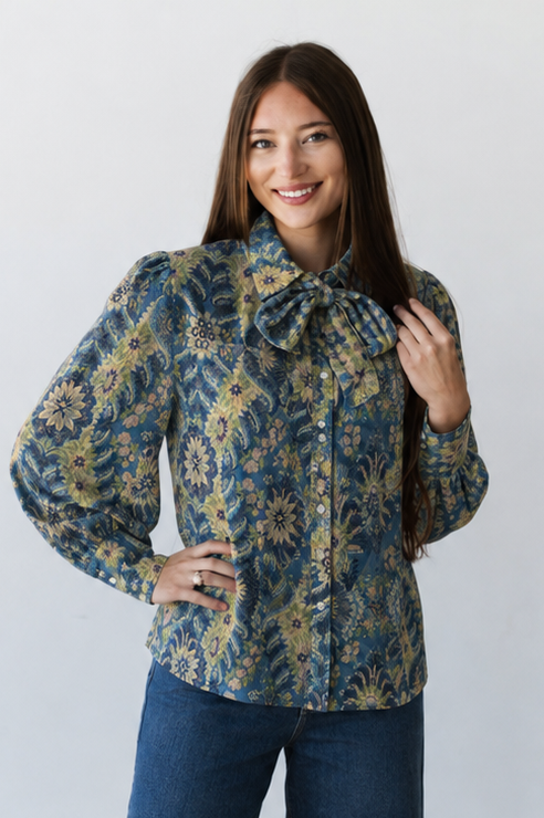 TH11-1 NAVY GREEN FERN FLORAL BLOUSE (7 PIECES)