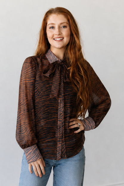 TH112 BROWN ZEBRA ORGANZA BLOUSE W/ TIE (7 PIECES)