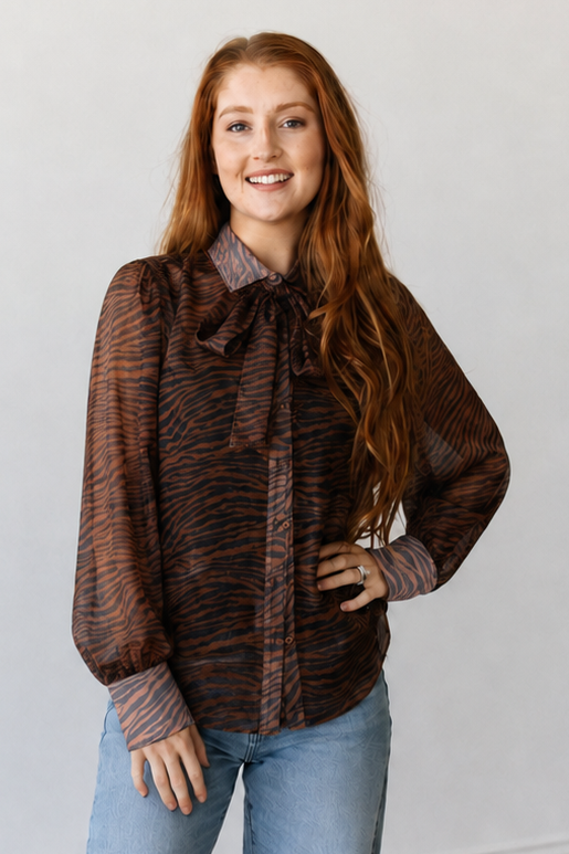 TH112 BROWN ZEBRA ORGANZA BLOUSE W/ TIE (7 PIECES)