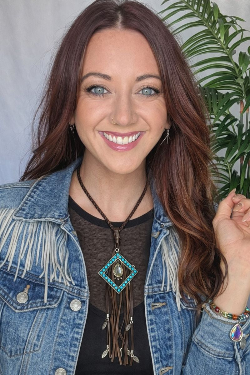 Diamond Turquoise W/ Crystal on Leather Cord NL