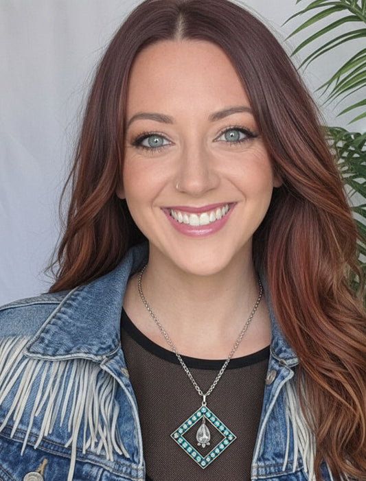 Diamond Turquoise W/ Center Crystal on Chain  18"