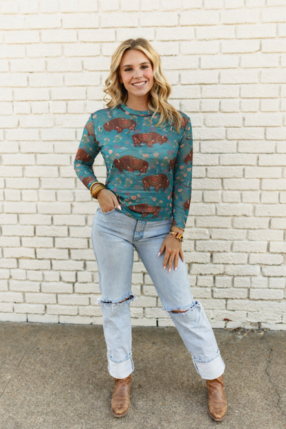 TH1221 TEAL BISON FLORAL MESH TOP (7 PIECE)