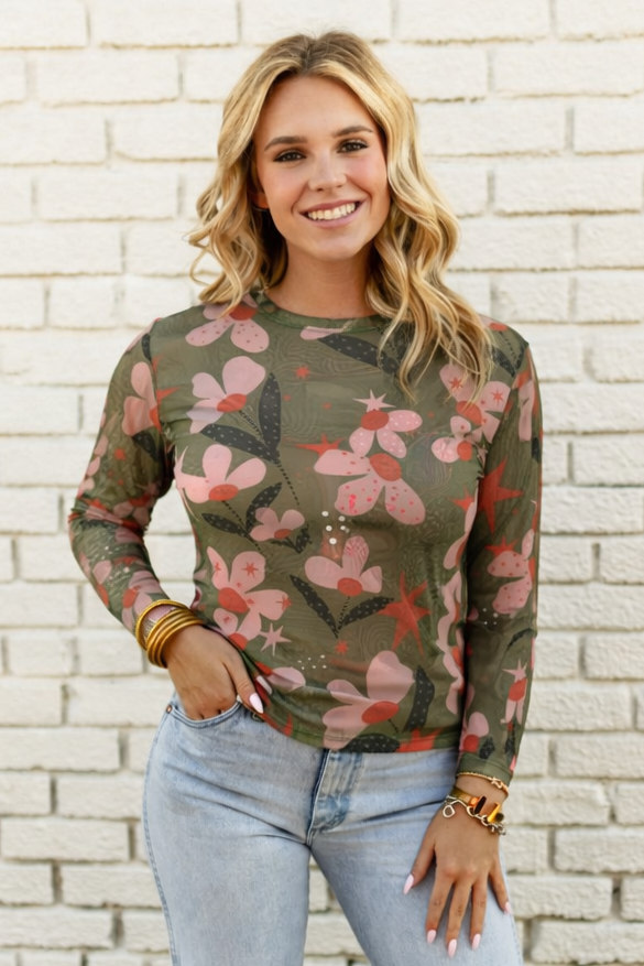 TH1221 BROWN DOT FLOWER MESH TOP (7 PIECE)