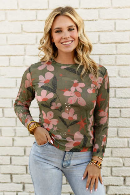 TH1221 BROWN DOT FLOWER MESH TOP (7 PIECE)