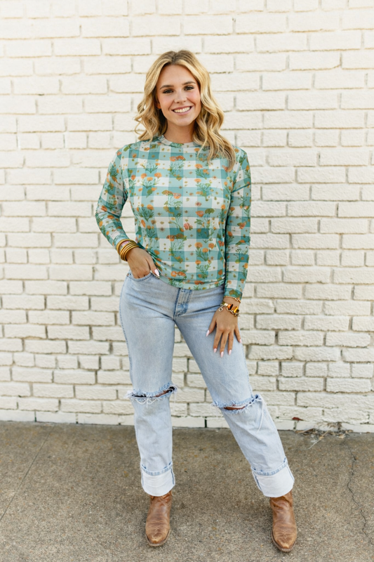 TH1221 TEAL FLORAL GINGHAM MESH TOP (7 Piece)