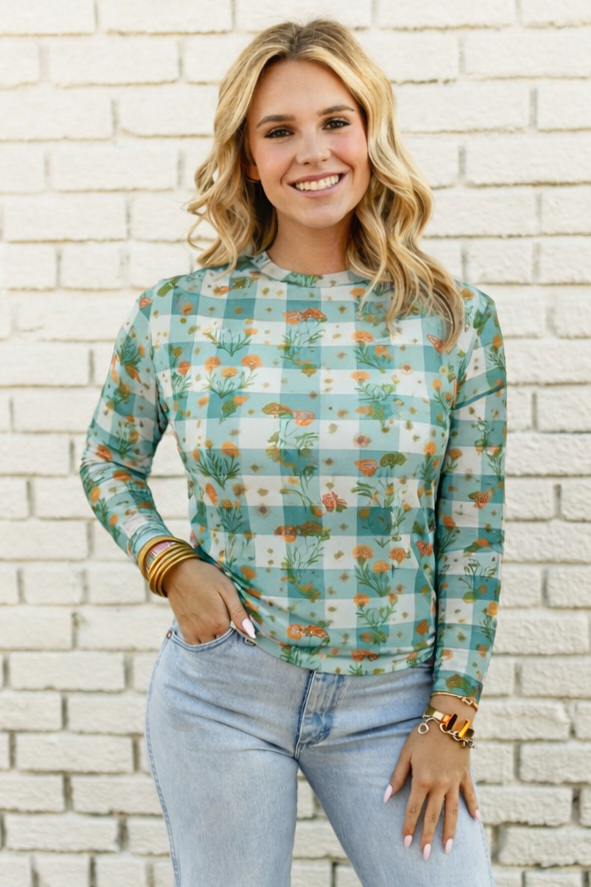 TH1221 TEAL FLORAL GINGHAM MESH TOP (7 Piece)