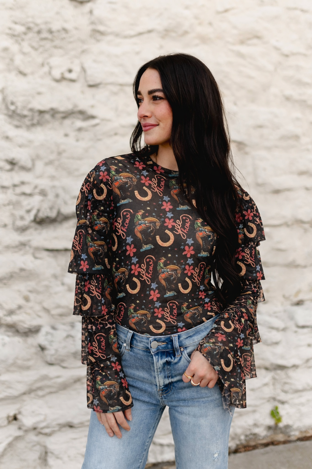 TH70 BLACK YEEHAW  MESH RUFFLE TOP (7 Piece)