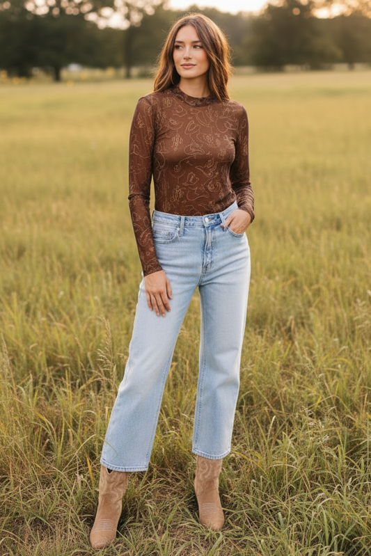 TH1221 S305 BROWN WESTERN STITCH MESH TOP (1 Piece)