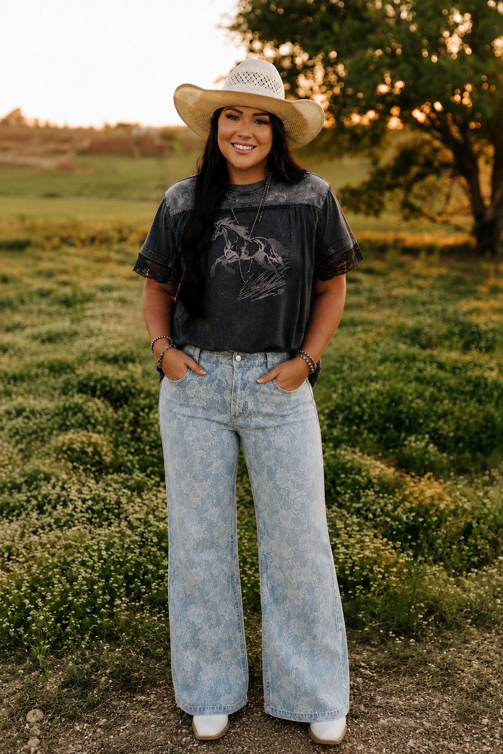 TH8001 LACE DENIM WIDE LEGGED JEAN (7 PIECE)