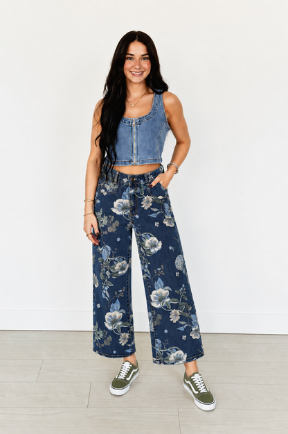 TH210 BLUE DENIM FLORAL WIDE LEGGED CROPPED JEAN (7 PIECE)