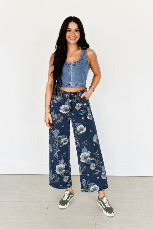 TH210 BLUE DENIM FLORAL WIDE LEGGED CROPPED JEAN (7 PIECE)