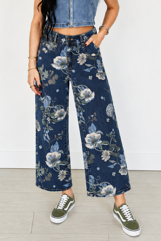 TH210 BLUE DENIM FLORAL WIDE LEGGED CROPPED JEAN (7 PIECE)