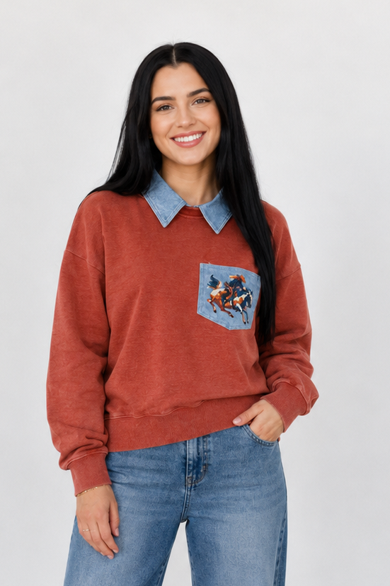 TH2606 RUST COWBOY  DENIM COLLAR SWEATSHIRT (7 PIECE)