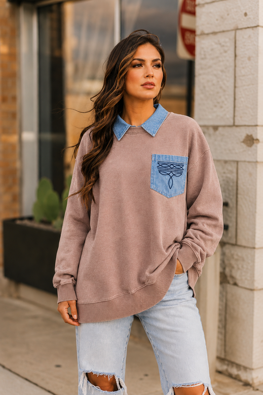 TH2606 TAN STICH DENIM COLLAR SWEATSHIRT (7 PIECE)