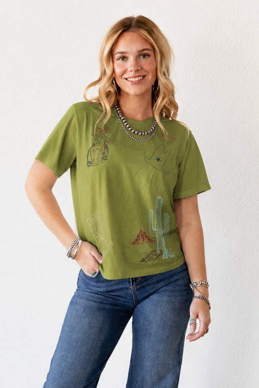 TH1401 OLIVE GREEN COWFIRM EMBROIDERY TEE (7 PIECE)
