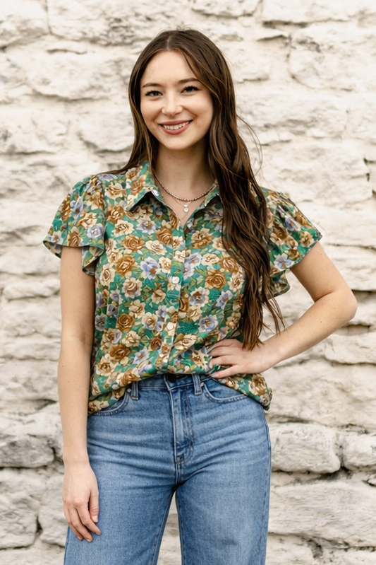 TH199 GREEN FLORAL FLUTTER SLEEVE