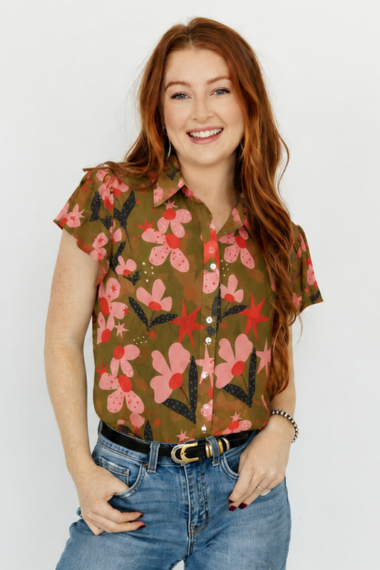 TH199 OLIVE PINK FLOWER DOT 7 PIECES (2S-2M-2L-1XL)