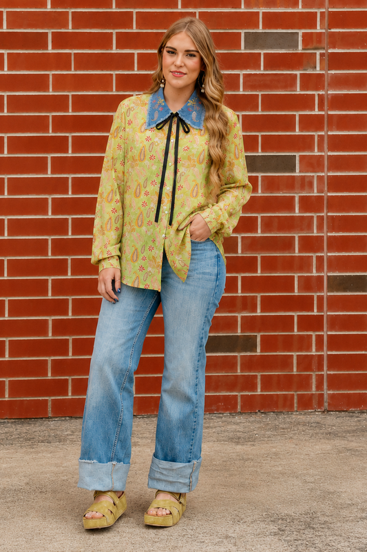 TH2882 LIME PAISLEY COLLAR PEARL SNAP TOP(7 Piece)