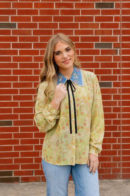 TH2882 LIME PAISLEY COLLAR PEARL SNAP TOP(7 Piece)