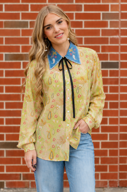 TH2882 LIME PAISLEY COLLAR PEARL SNAP TOP(7 Piece)