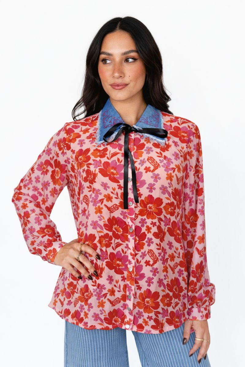 TH2882 PINK FLOWER DENIM COLLAR PEARL SNAP TOP(7 Piece)