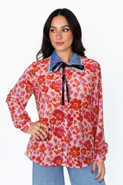 TH2882 PINK FLOWER DENIM COLLAR PEARL SNAP TOP(7 Piece)