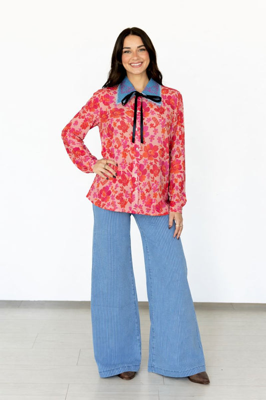 TH2882 PINK FLOWER DENIM COLLAR PEARL SNAP TOP(7 Piece)