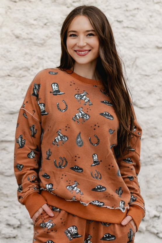 TH3401  RUST WESTERN PRINT TOP  (7 Piece)