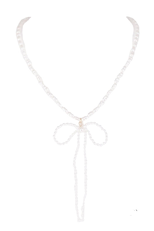 077 R1-37 PEARL RIBBON BOW NECKLACE