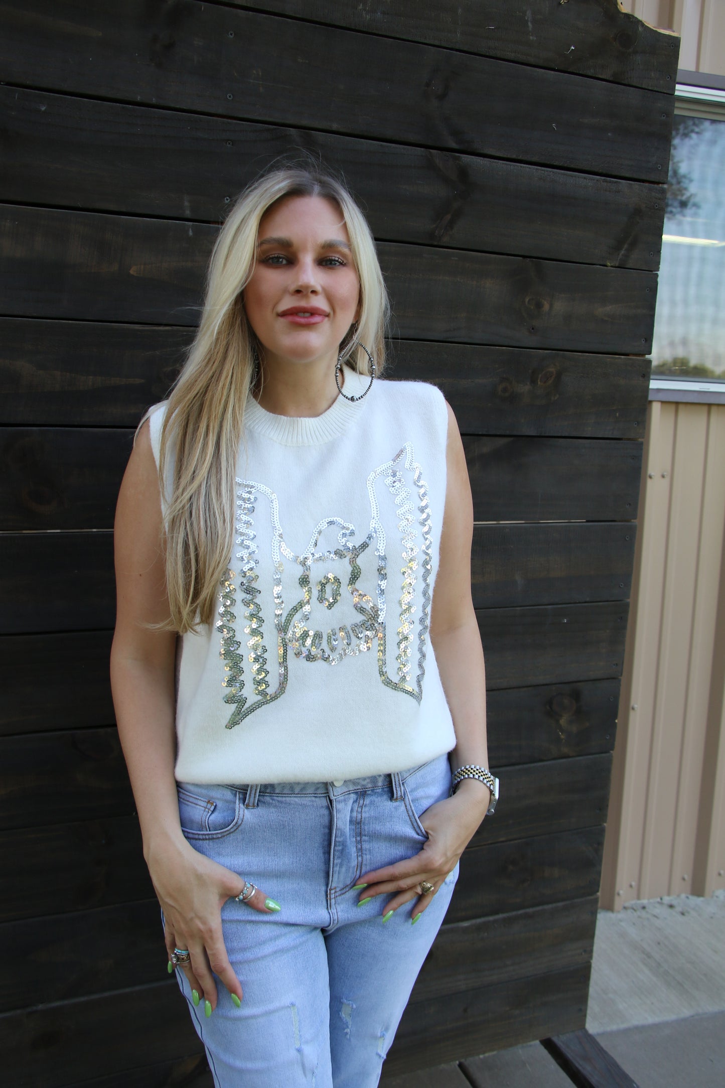 SINGLE TH2086 TB  IVORY SEQUIN SWEATER VEST (1 Piece)