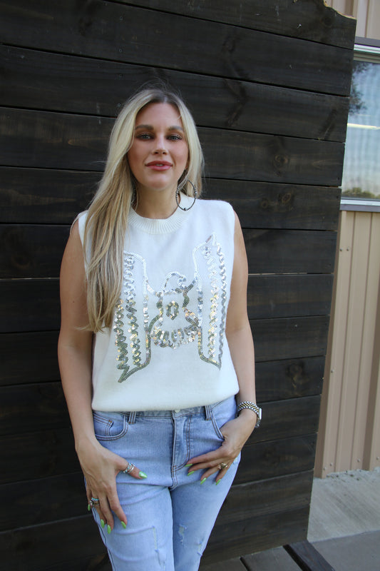 TH2086 TB  IVORY SEQUIN SWEATER VEST (9 Piece)