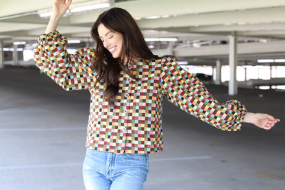 TH55 MULTI CHECK WEAVE PUFF TOP (7 PEICES)