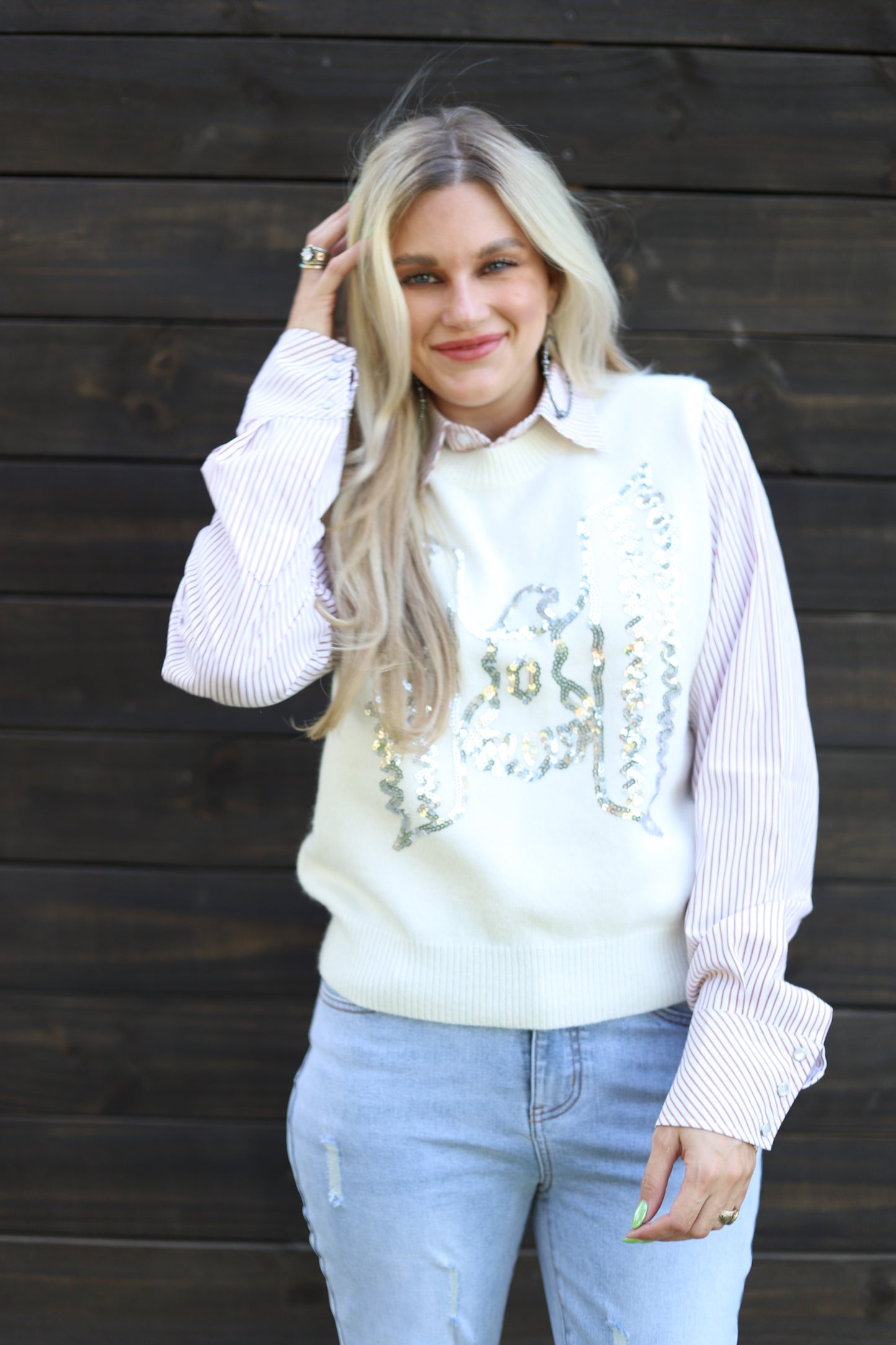 SINGLE TH2086 TB  IVORY SEQUIN SWEATER VEST (1 Piece)