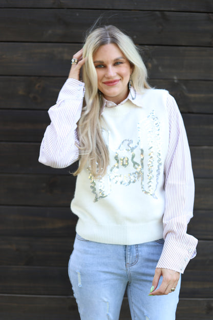 SINGLE TH2086 TB  IVORY SEQUIN SWEATER VEST (1 Piece)