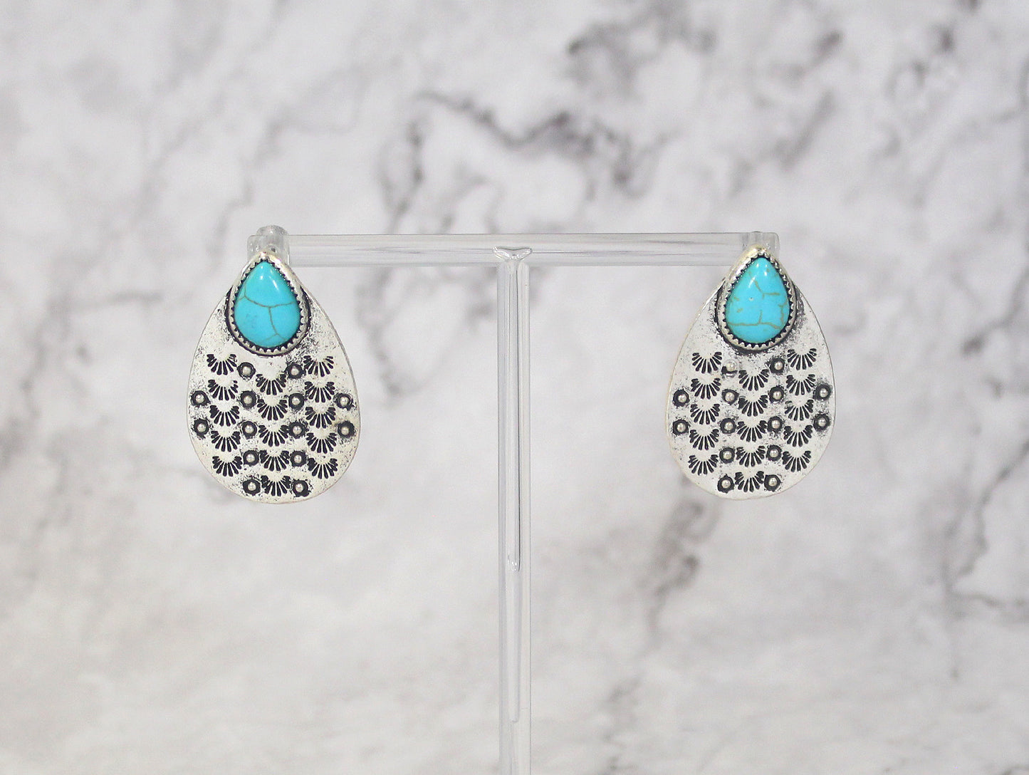 1307 H58 TURQ STONE SILVER TEAR DROP ER