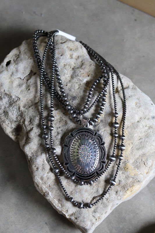 0730 T15 3 STRAND FAUX SILVER BEAD NL W/ WESTERN PENDANT