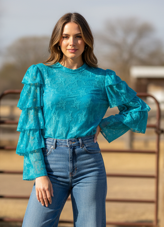 TH70 TURQ LACE RUFFLE TOP (7 Piece)