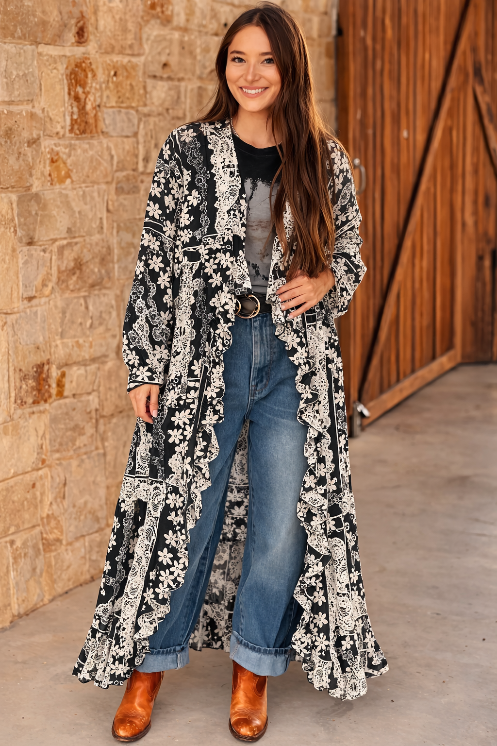 TH6180 BLACK LACE CHIFFON DUSTER (7 PIECE)