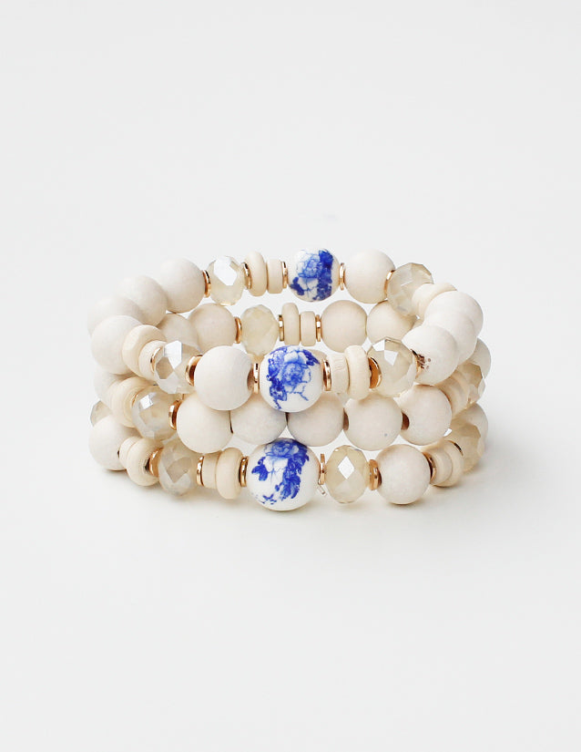 2476 R2-44 WH White & Blue Porcelain Beaded Stretch Bracelet Set