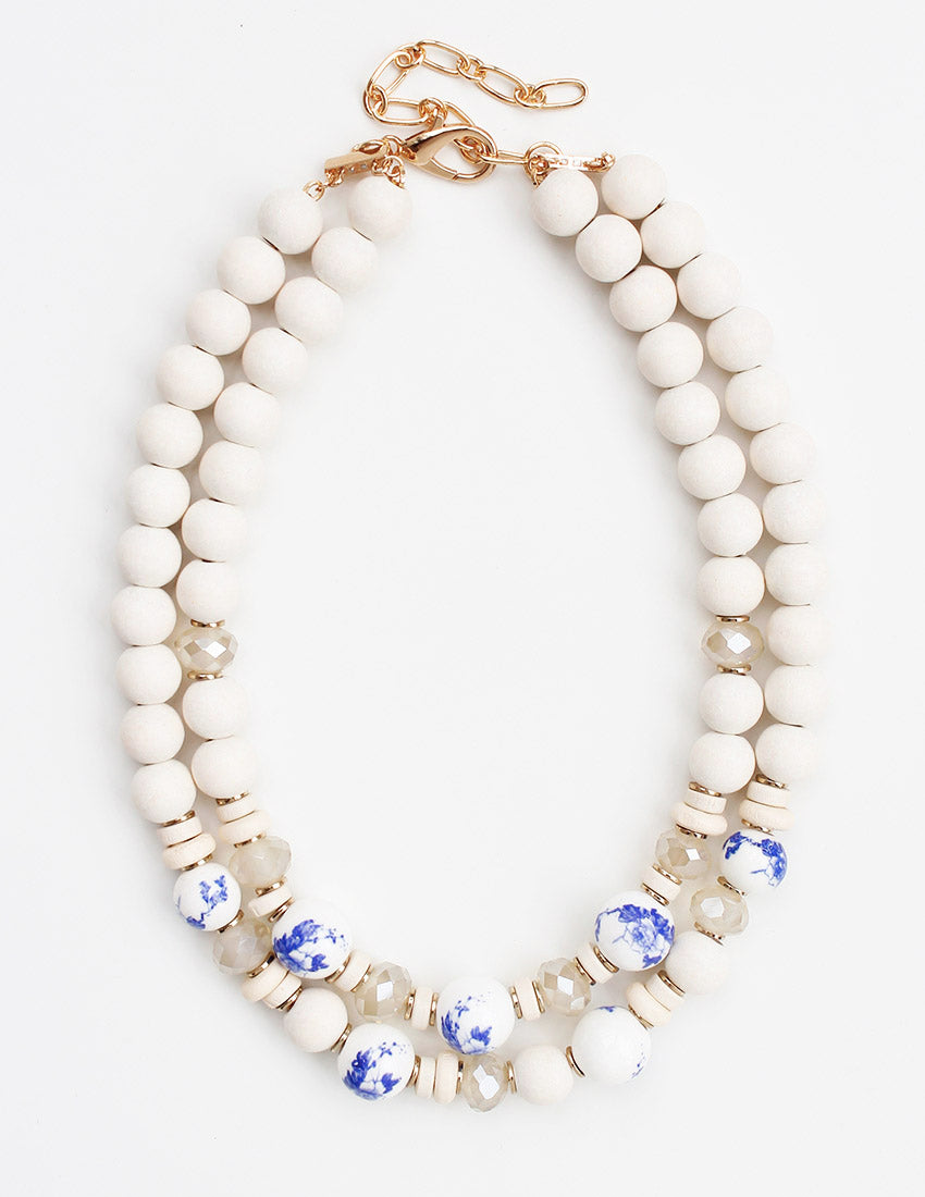 6593 R2-42 WH Layered White & Blue Porcelain Beaded Necklace