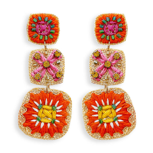 3260 T48 Orange Floral Thread Dangle Earrings
