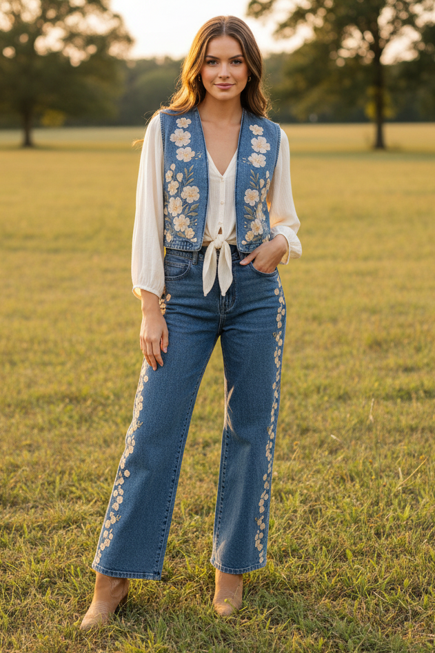 TH017 IVORY FLORAL EMBROIDERY JEAN