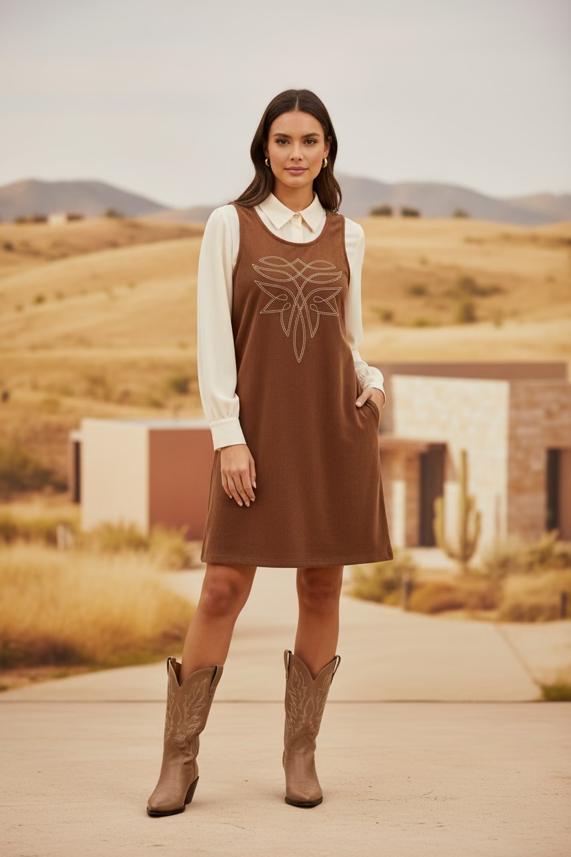 TH1407 BROWN  FRONT STITCH DRESS (7 Pieces)